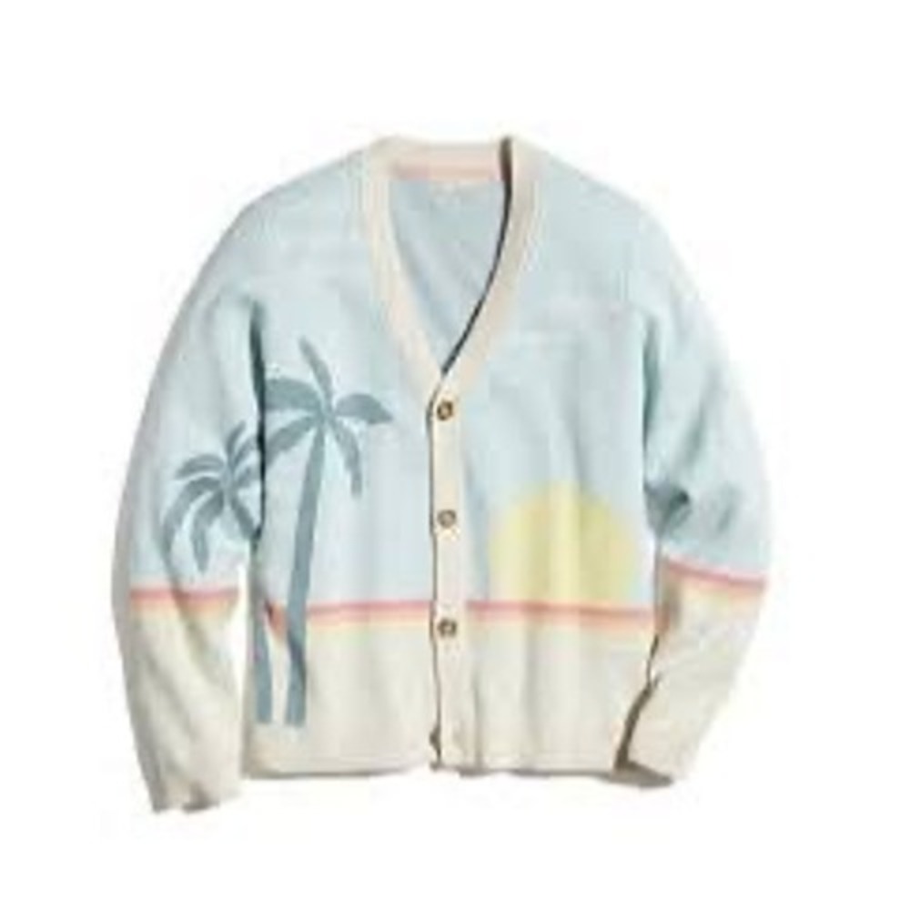 Marine Layer Mens Sunset Palm Tree Cardigan Sweater Blue Cotton Size S